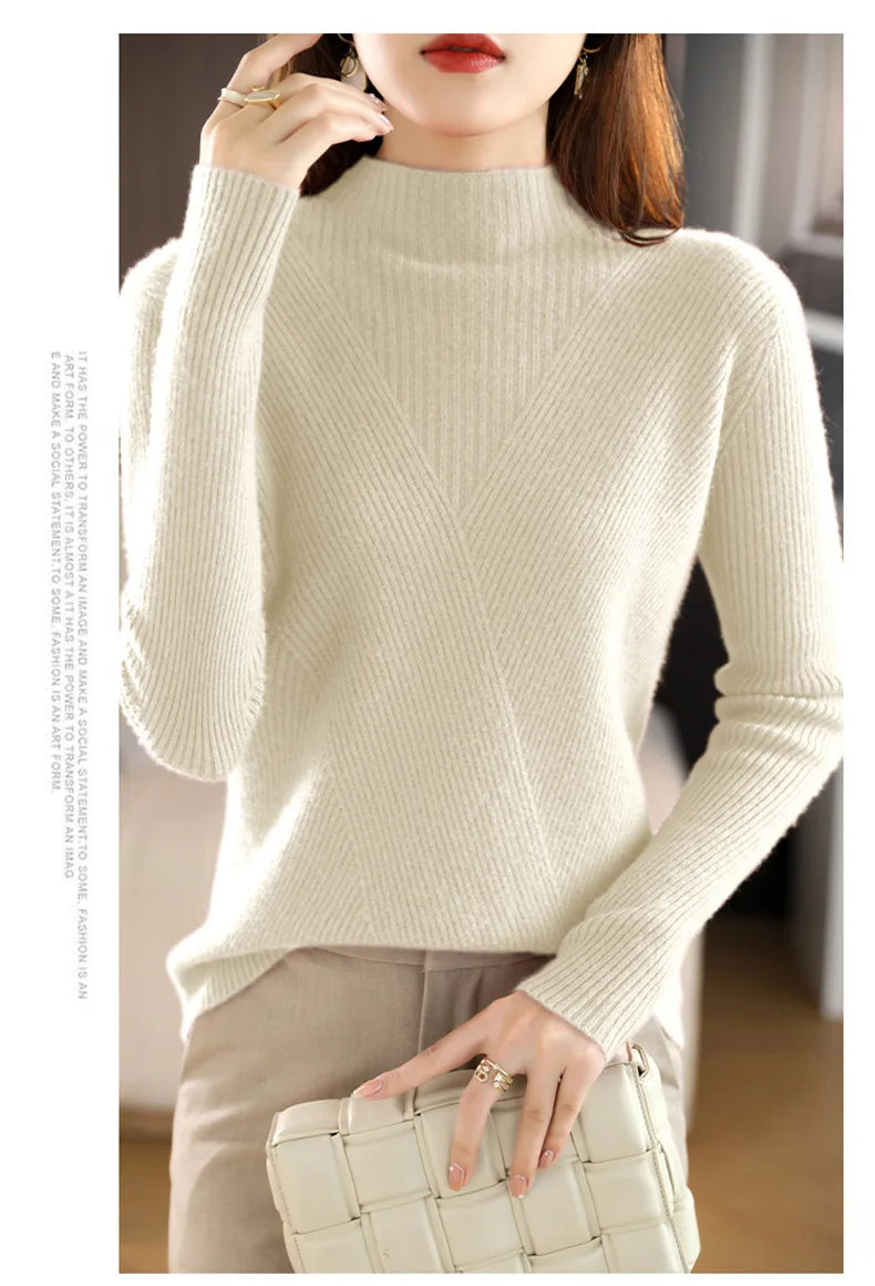 Cashmere Sweater Women Pure Color Half high collar Casual Long-sleeved Loose Pullover Cashmere Sweater Women's