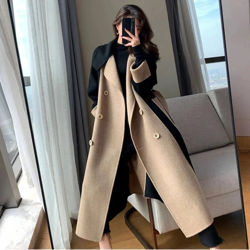 New Autumn Winter Women Coat Color Matching Turn-down Collar Double-breasted Mid Length Lady Coat Double-sided Female Overcoat