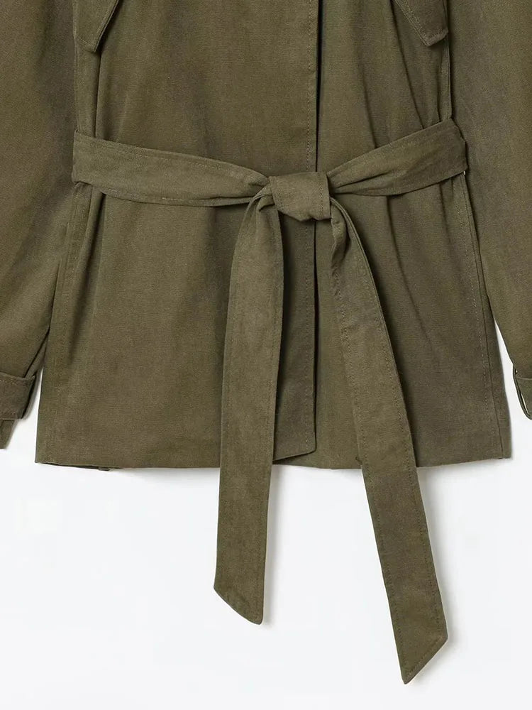 Women's 2025 Autumn New Trench Coat Style Army Green Long Sleeve Cotton Belt Decorative Trench Coat Casual Versatile jacket