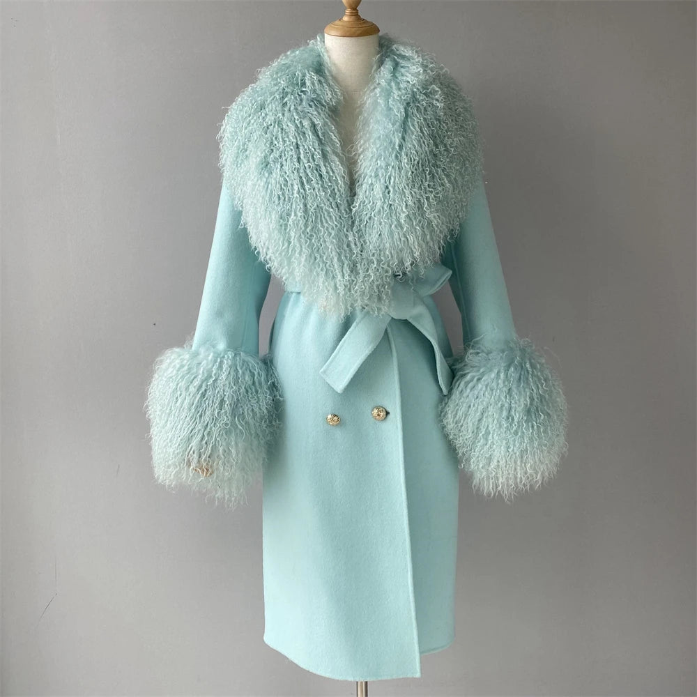 Women Cashmere Wool Coat With Real Mongolian Sheep Fur Collar  Ladies Autumn Winter Fashion Long Outwear Full Sleeve Fur Jacket
