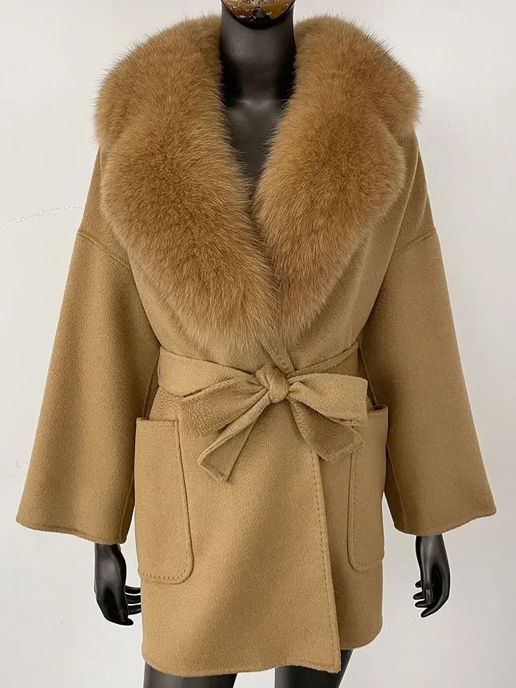 2025 Winter Fashion Women Double-sided Wool Cashmere Coat with Detachable Natural Fox Fur Collar Luxurious Genuine Fur Coat
