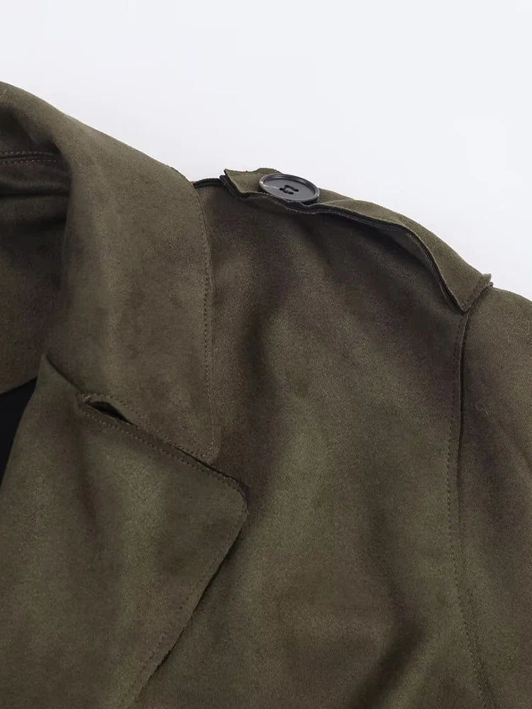 European style new women's fashionable and versatile solid color long trench coat with belt and suede effect.