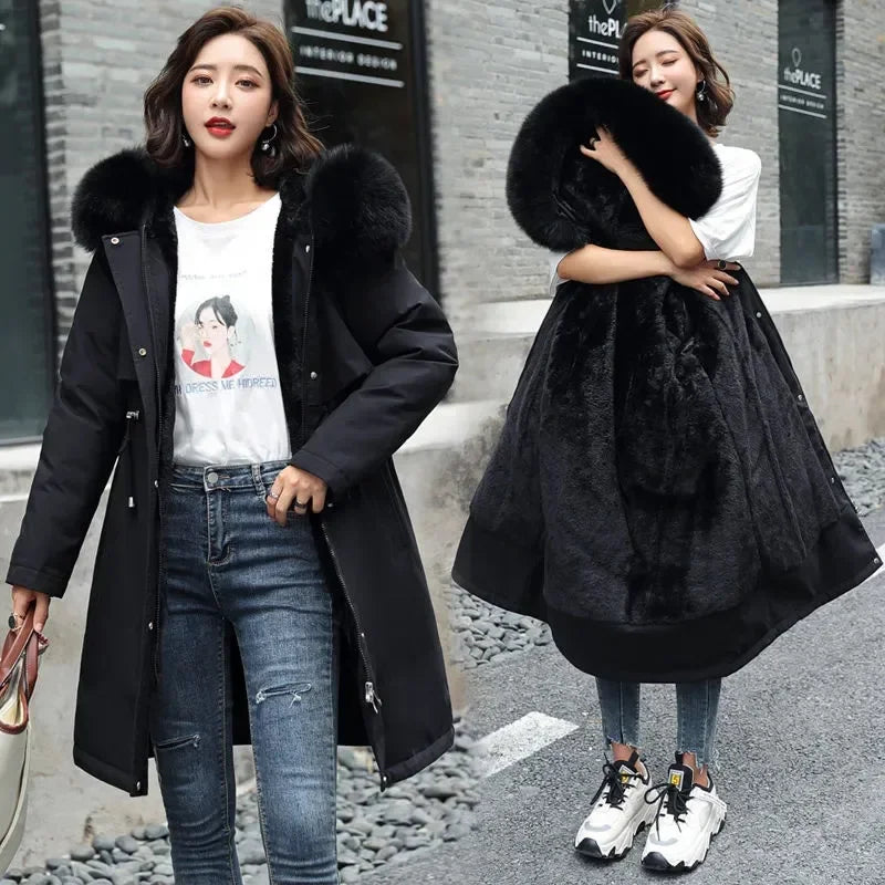 Winter Women Jacket Parkas Warm Casual Parka Clothes Long Soft Tops Hooded Parka Female Fur Lining Thick Pockets Fashion Coat