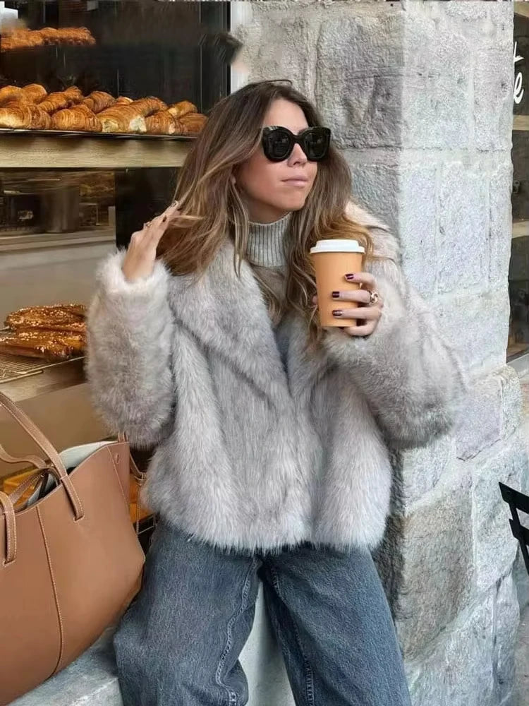 HH Winter Women Casual Faux Fur Lapel Jackets Fashion Solid Oversized Thick Coats Female Fuzzy Warm Long Sleeves Outerwear