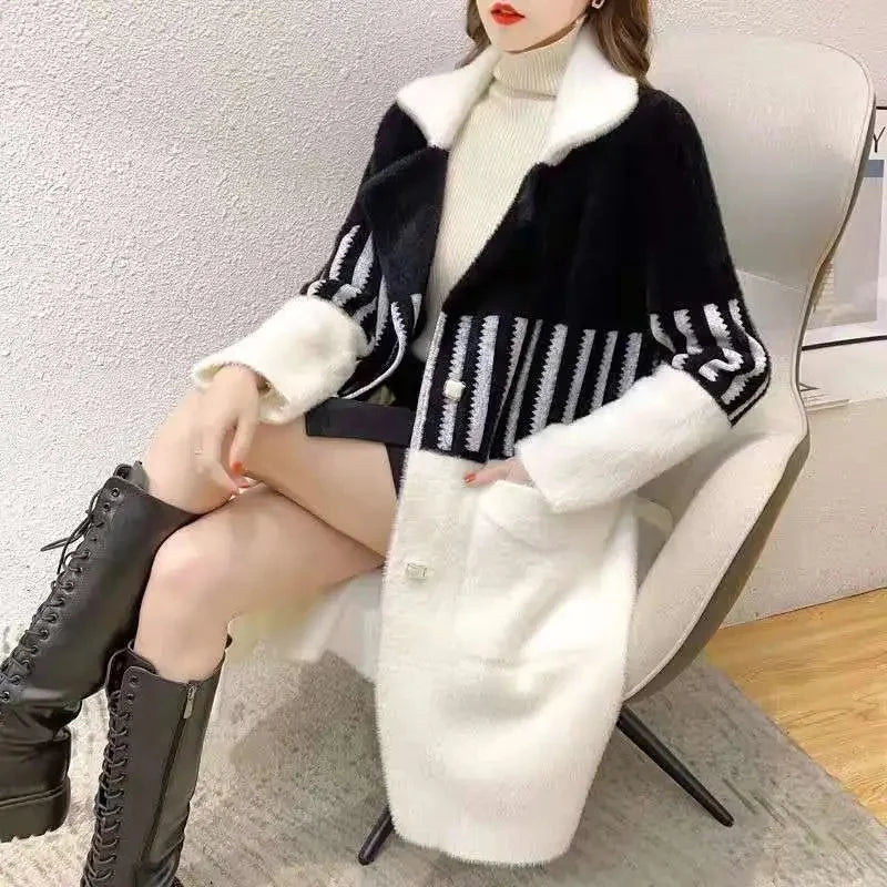 Woolen Coat Women New Autumn Winter Korean Trend Ladies Imitation Mink Velvet Jacket Simple Mid-Length Female Thickened Top Coat