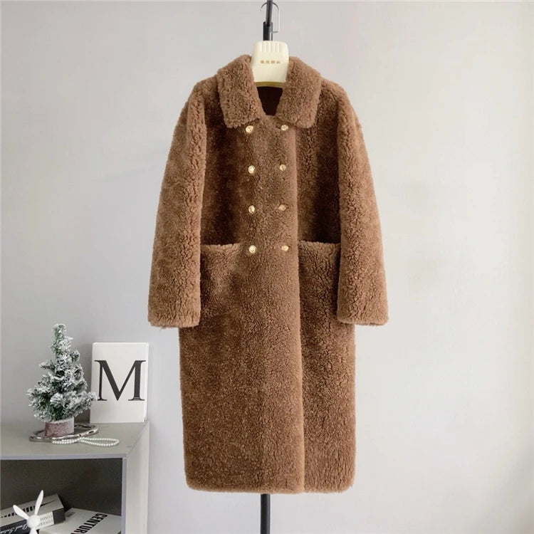 100% Wool Coat Women New Warm Sheep Shearing Long Solid Color Long Coat Lamb Wool casacos femininos inverno 2025