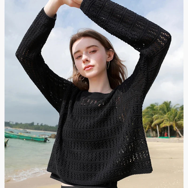 ITOOLIN Summer Women Long Sleeve Loose Casual Top Hollow Out Sexy Knit Shirt Beach Solid Y2k Pullovers Streetwear T-shirt 2024