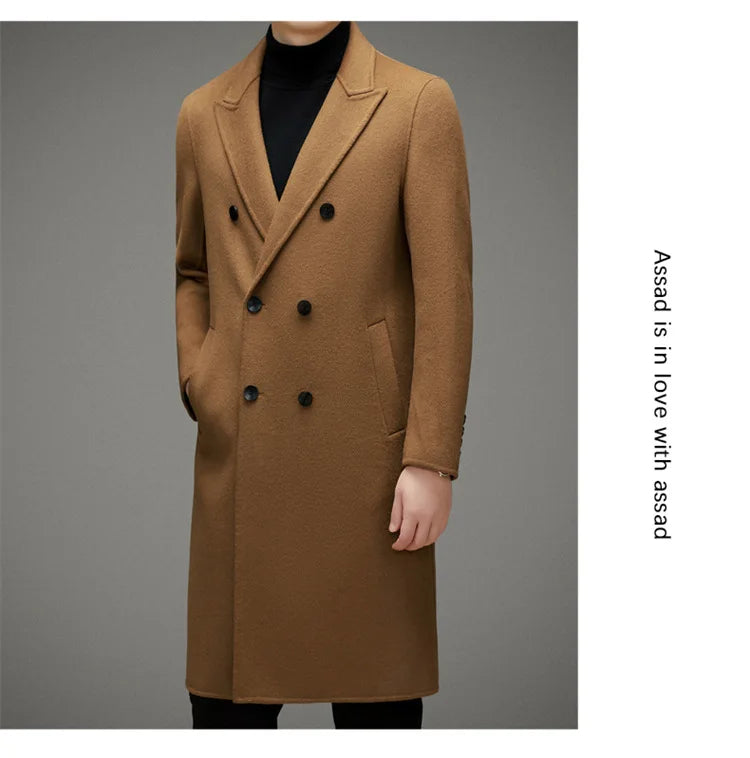 High-end Men's Double-breasted Wool Coat Fashionable Long Wool Knee-length Casual Suit Jacket for Men Peak Lapel Customized Coat