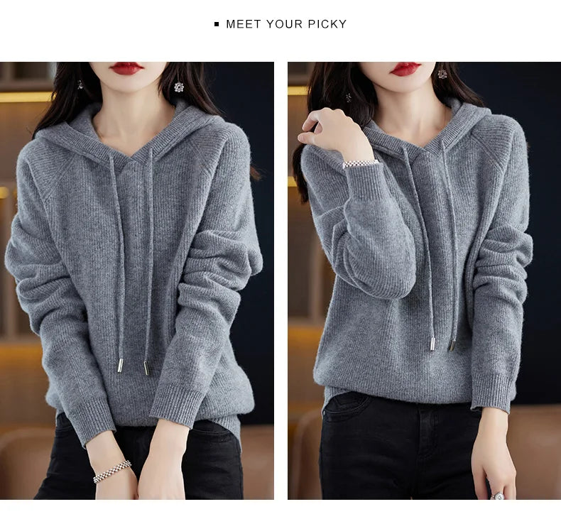2023 New Cashmere hooded sweater Women Long Sleeve Autumn and Winter Knit hooded Pullover Solid Color Cashmere Base