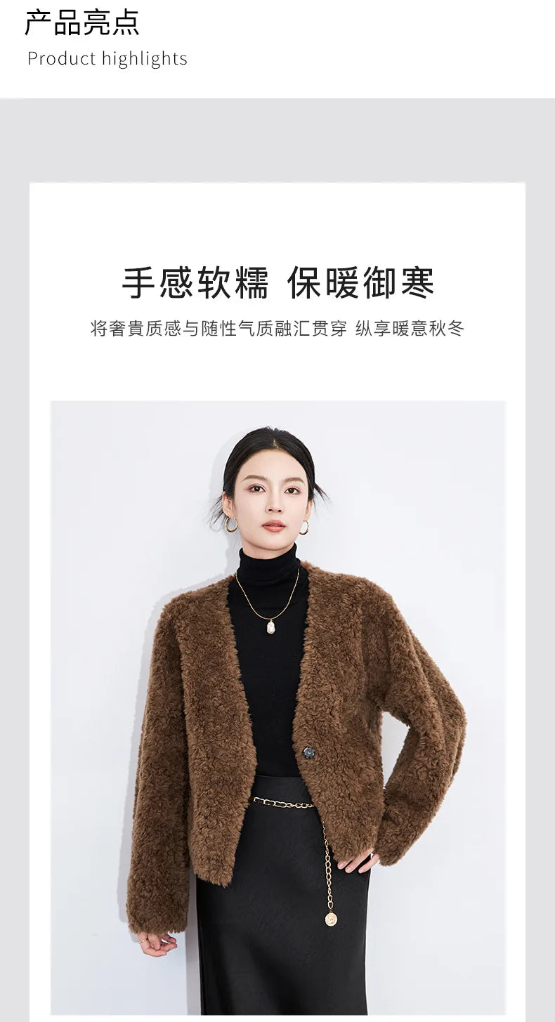 100% Wool Short Jackets for Women 2024 Autumn Winter V Neck Lamb Wool Coat Womens Clothing Fashion Outerwears Casaco Feminino