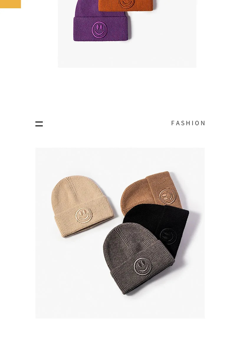 Wool hat female Korean versioncartoonsmiley face embroidered knittedautumn andwintermen'soutdoorwarm thickened brimless cold hat