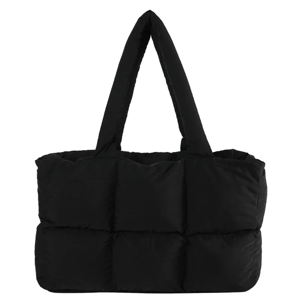 Women Padded Handbag Solid Color Quilted Single Shoulder Bag Large Capacity Soft Cloud Tote Bag Trendy Commuting Bags
