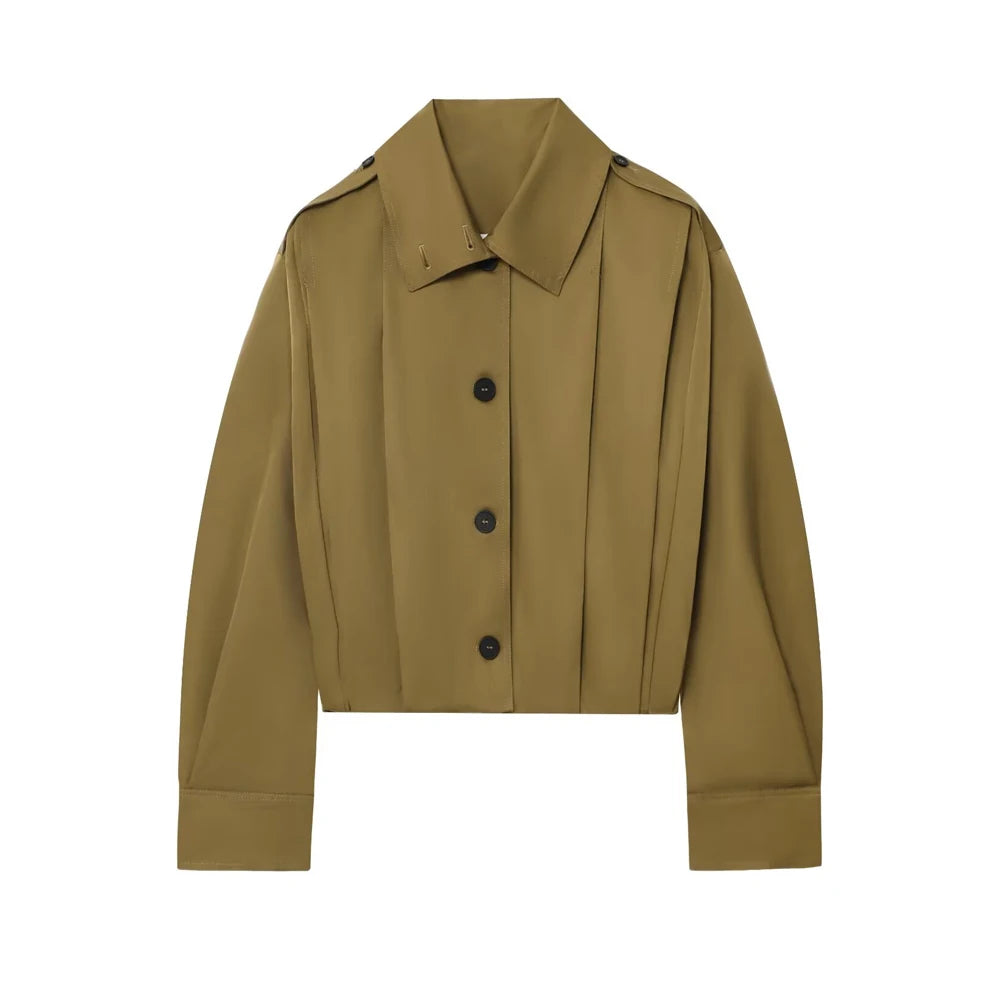 Women's Fashion Pleated Jacket Coat with Pads Lapel Collar Long Sleeve Front Button Chic Outerwear Top