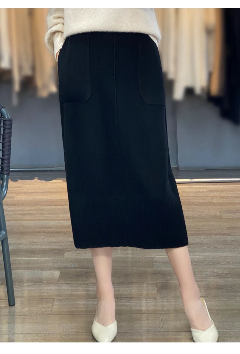 Women's Knitted Cashmere Skirt Double Pocket 100% Pure Wool Commuter Joker Straight Skirt for Autumn Winter New