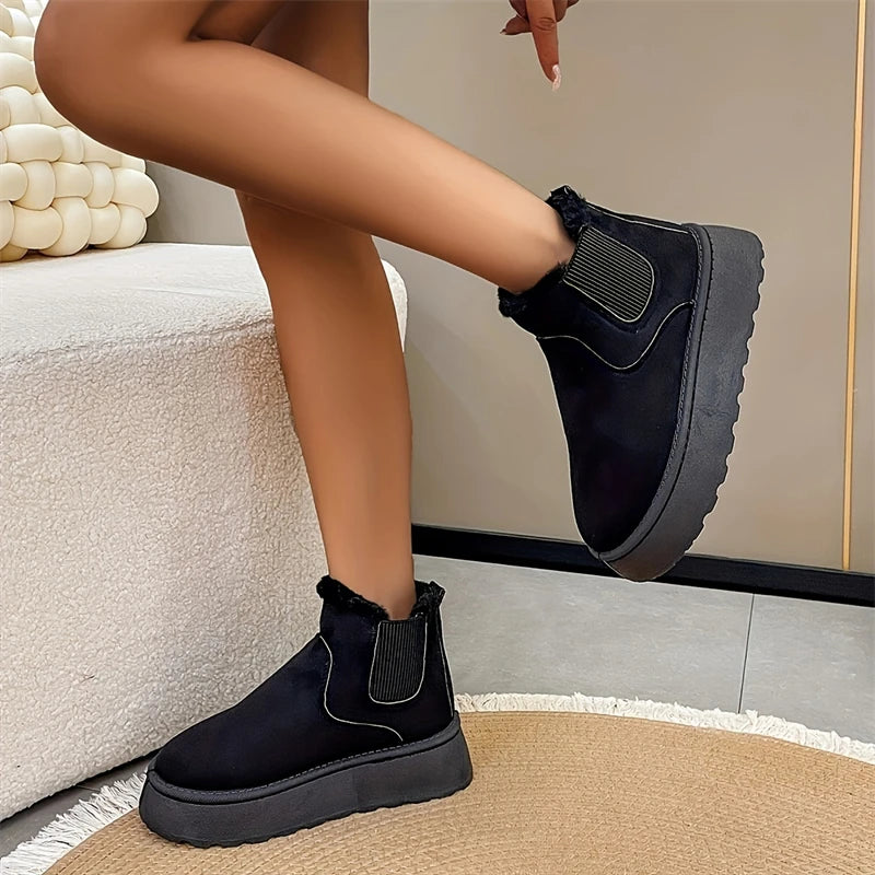 Winter Women Short Plush Warm Snow Boots Casual Shoes New Suede Fur Chelsea Ankle Boots Flats Platform Ladies Shoes Botas Mujer