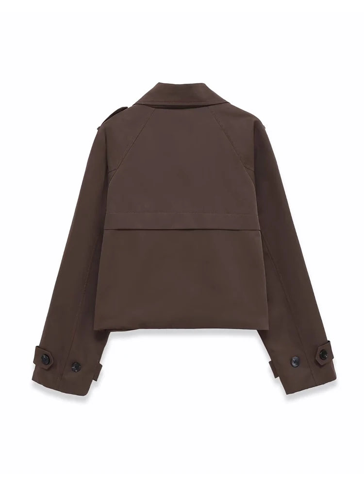 Women's Double-breasted Short Trench Coat Fashion Chic Outerwear with Pockets Long Sleeve Female Top