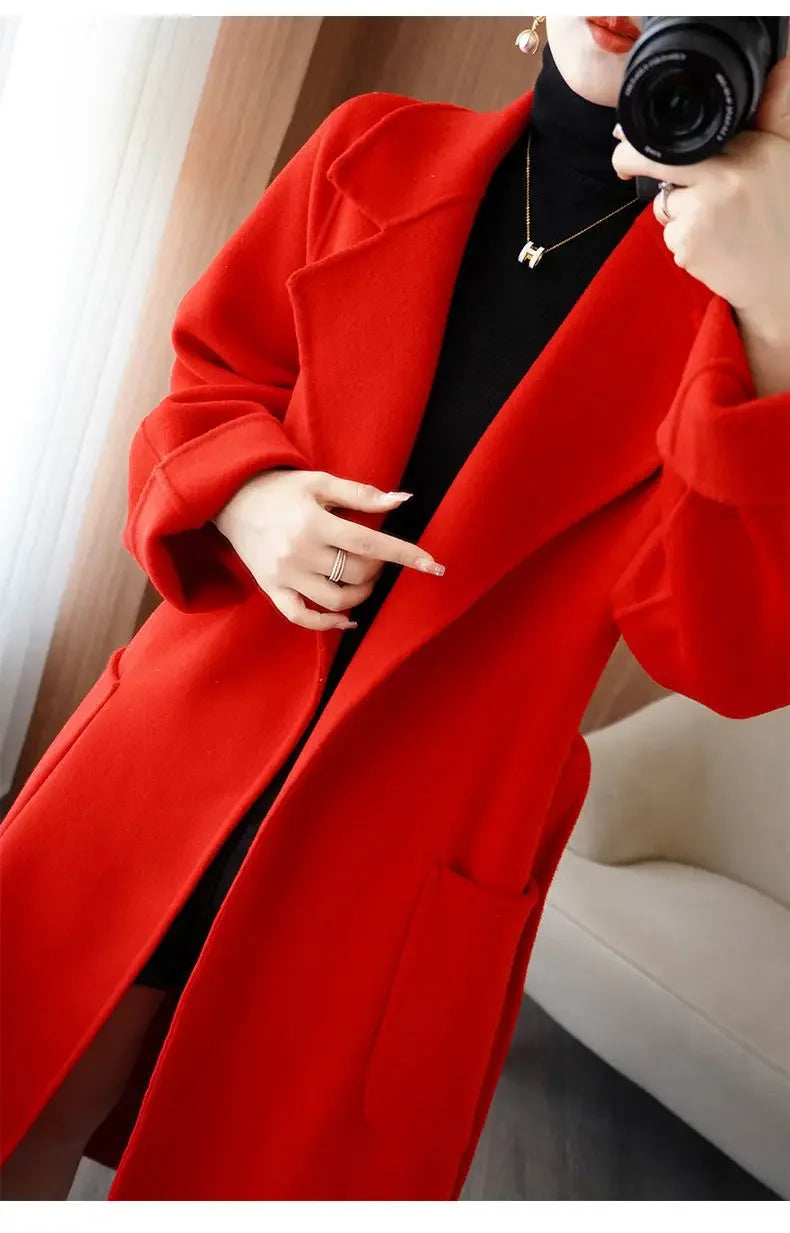 100% Wool Coat Women's Wear 2025 Autumn/Winter Fashion Temperament Double sided Cashmere Coats with Belt Elegant Long Overcoat