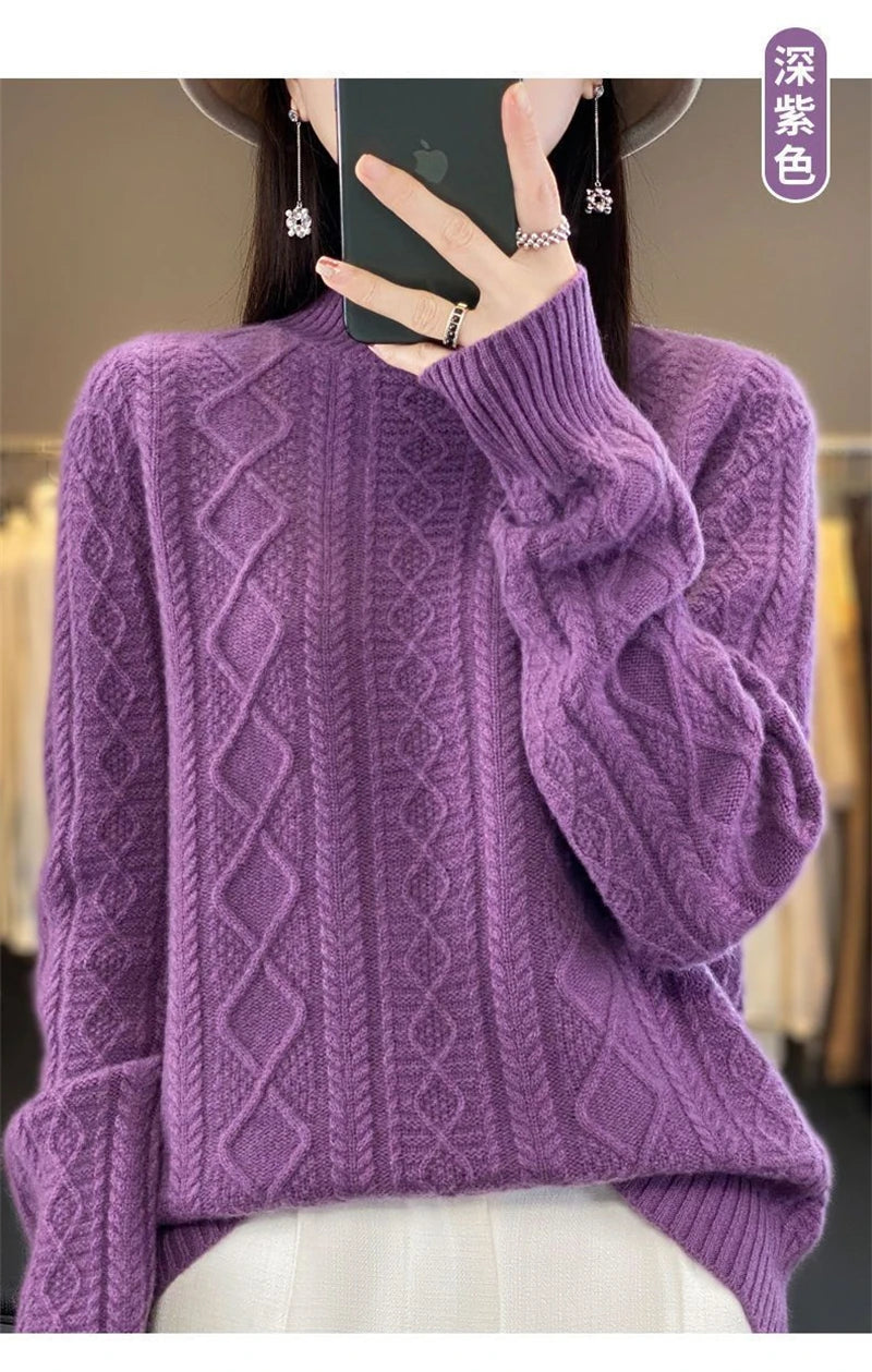 2024 New Women Autumn Winter Sweater Thick 100% Merino Wool Turtleneck Casual Cashmere Knitwaer Pullover Korean Fashion Tops