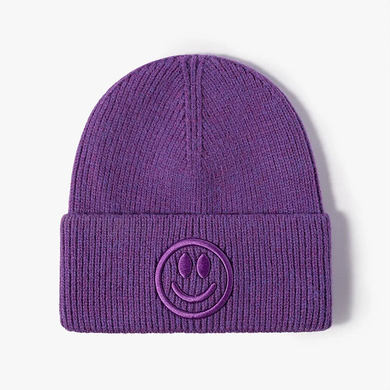 Wool hat female Korean versioncartoonsmiley face embroidered knittedautumn andwintermen'soutdoorwarm thickened brimless cold hat
