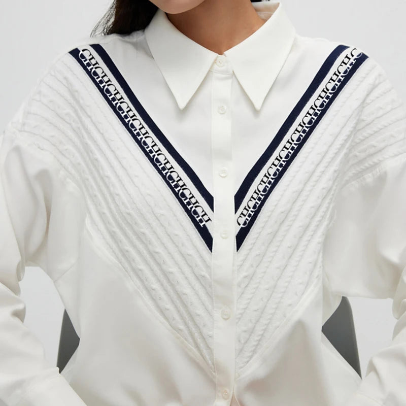 Women's Shirt Casual Fashion Knitted Patchwork Striped Shirt New Solid Color Street Style Single Breasted Office Ladies Shirt