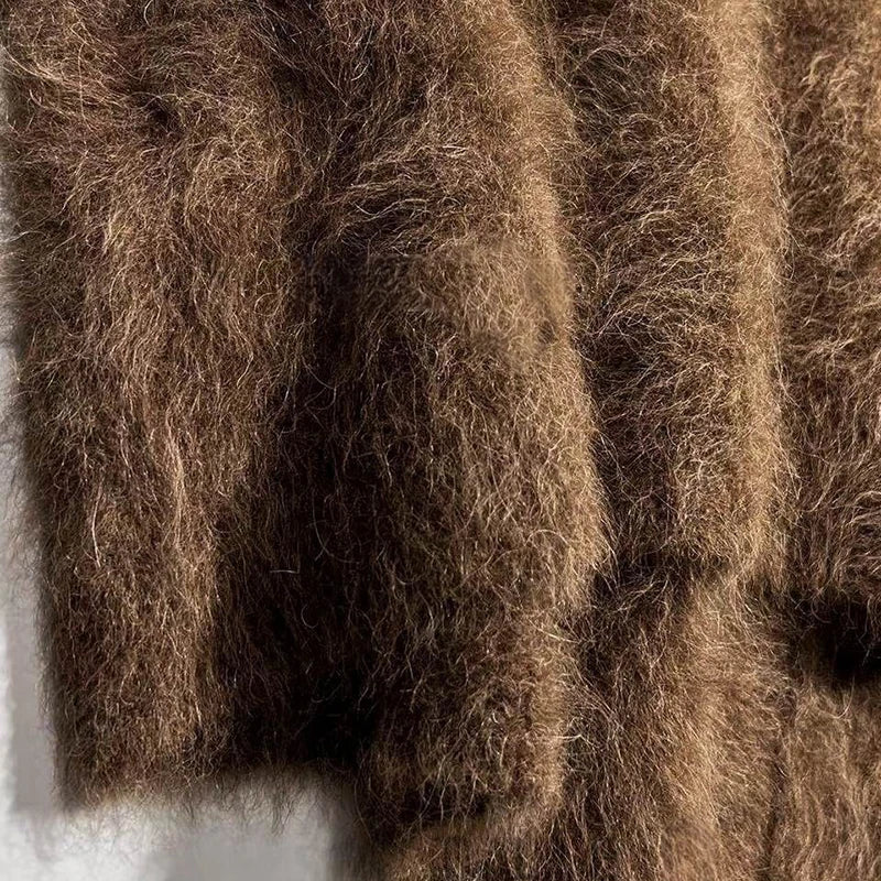 BAHTLEE-Women's Mohair Cardigan Knitted Sweater V-Neck Solid Long Sleeves Coat Keep Warm