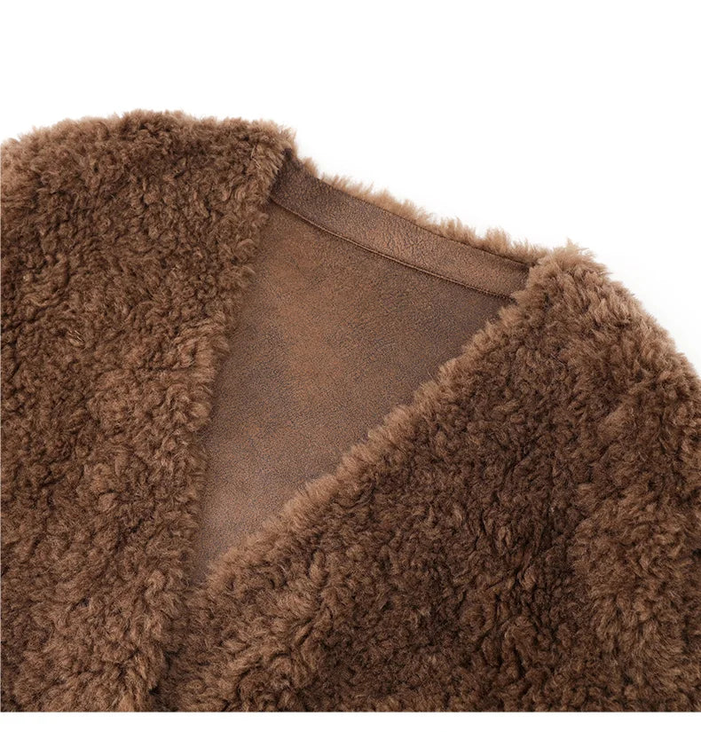 100% Wool Short Jackets for Women 2024 Autumn Winter V Neck Lamb Wool Coat Womens Clothing Fashion Outerwears Casaco Feminino