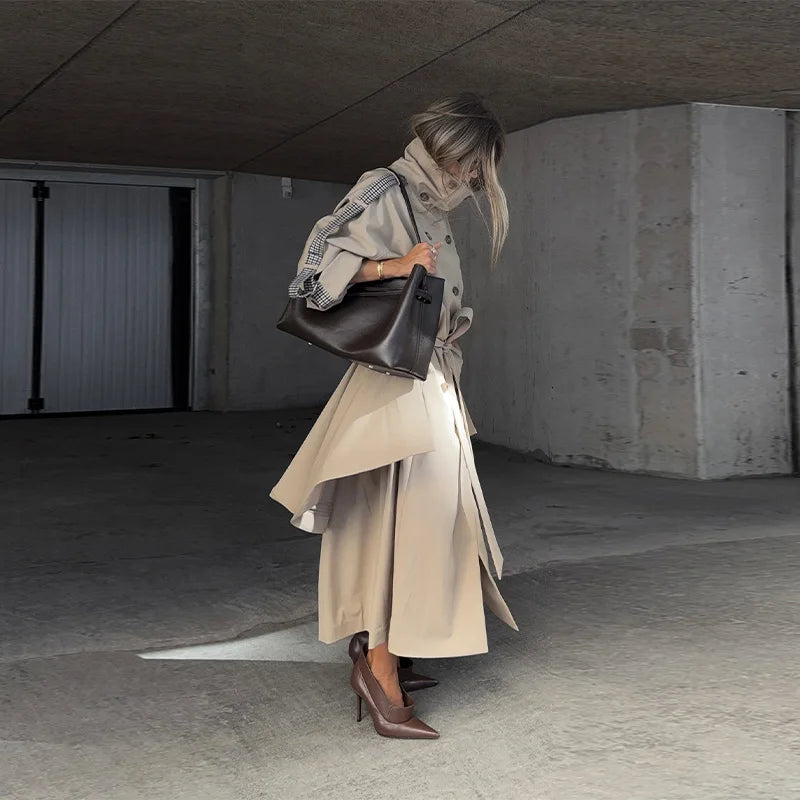 Women's Trench Coat Double Breasted Stand Collar Epaulet Lace Up Long Windbreaker Office Lady Winter Autumn Solid Slim Outerwear