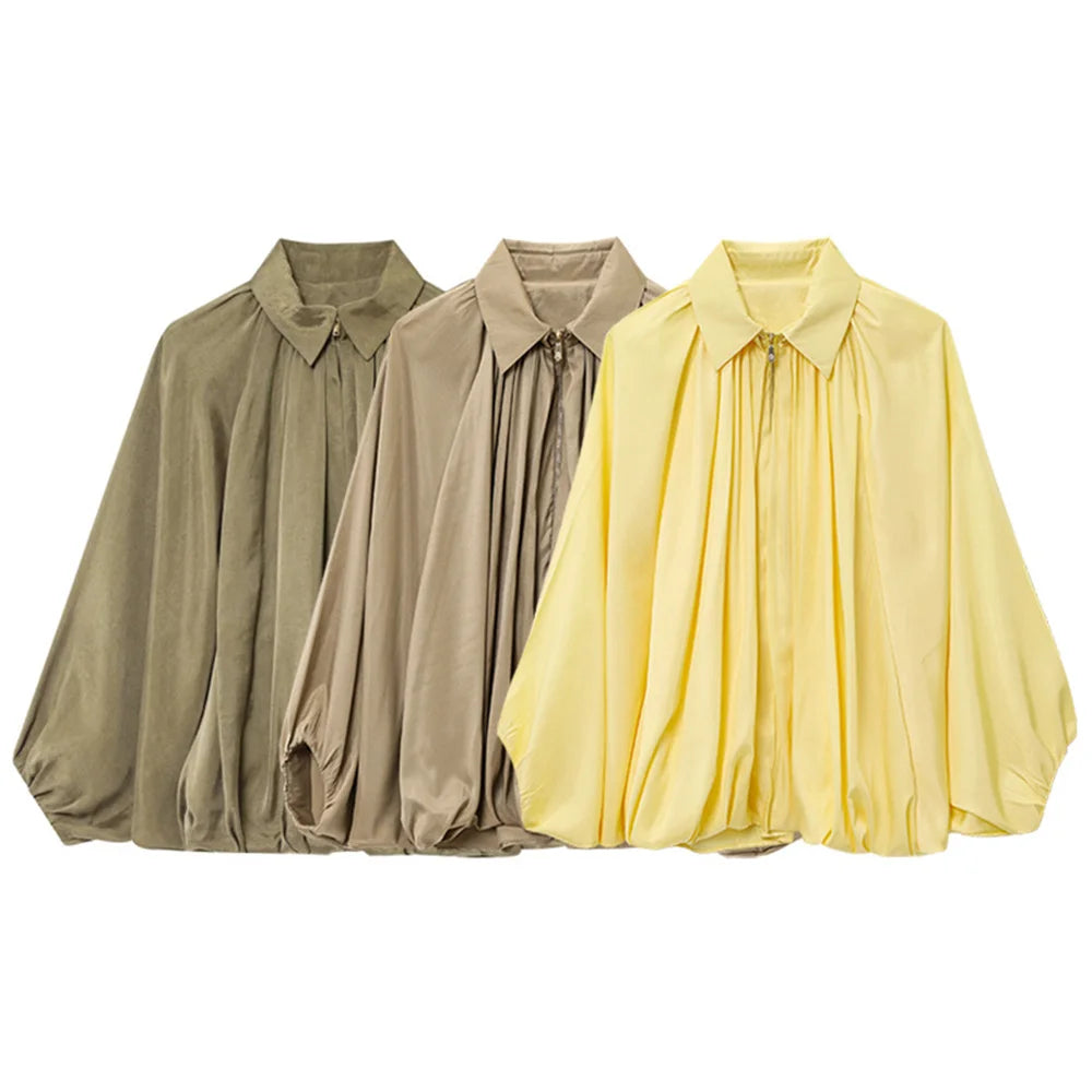 women's jacket is fashionable and simple with a lapel and zipper style puffy sleeves that exude a summer vibe