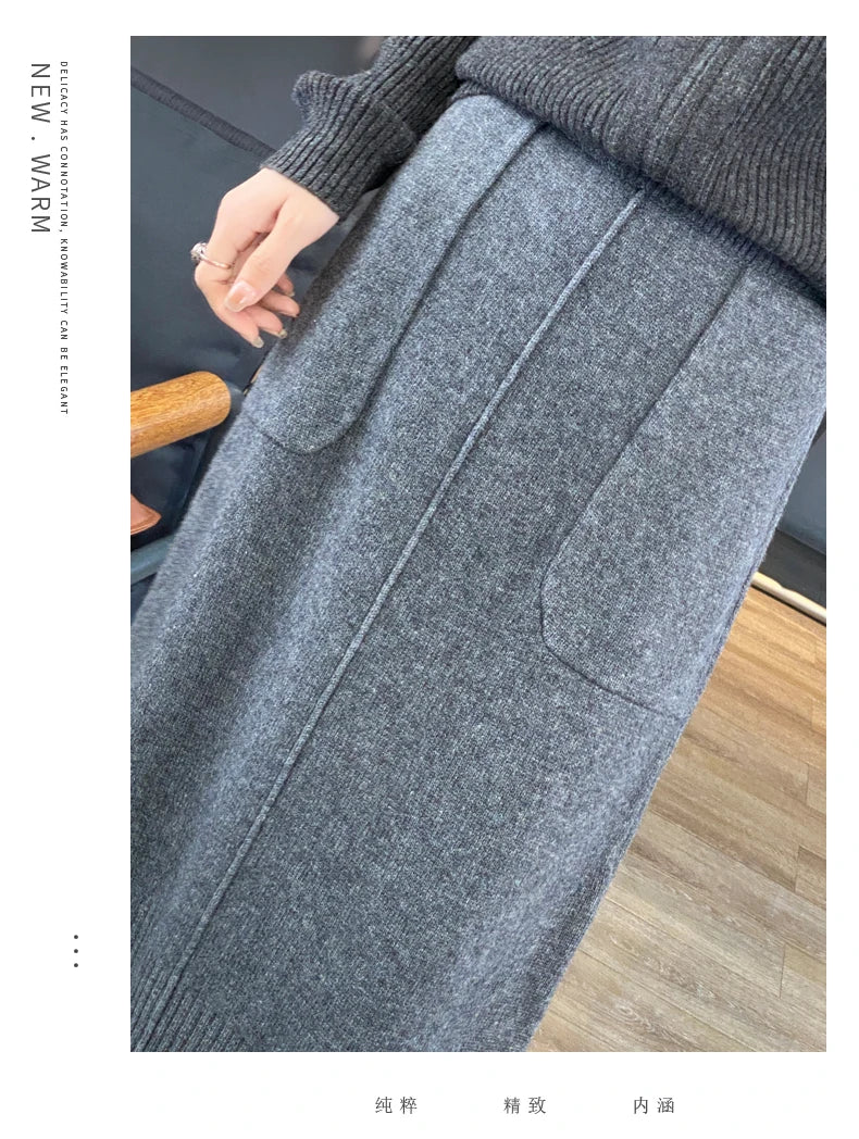 Women's Knitted Cashmere Skirt Double Pocket 100% Pure Wool Commuter Joker Straight Skirt for Autumn Winter New