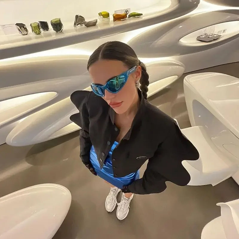 Women Coat Autumn Spring Euro-America Style Office Lady Fashion Short Jacket Long Wave Sleeves Girls Coat