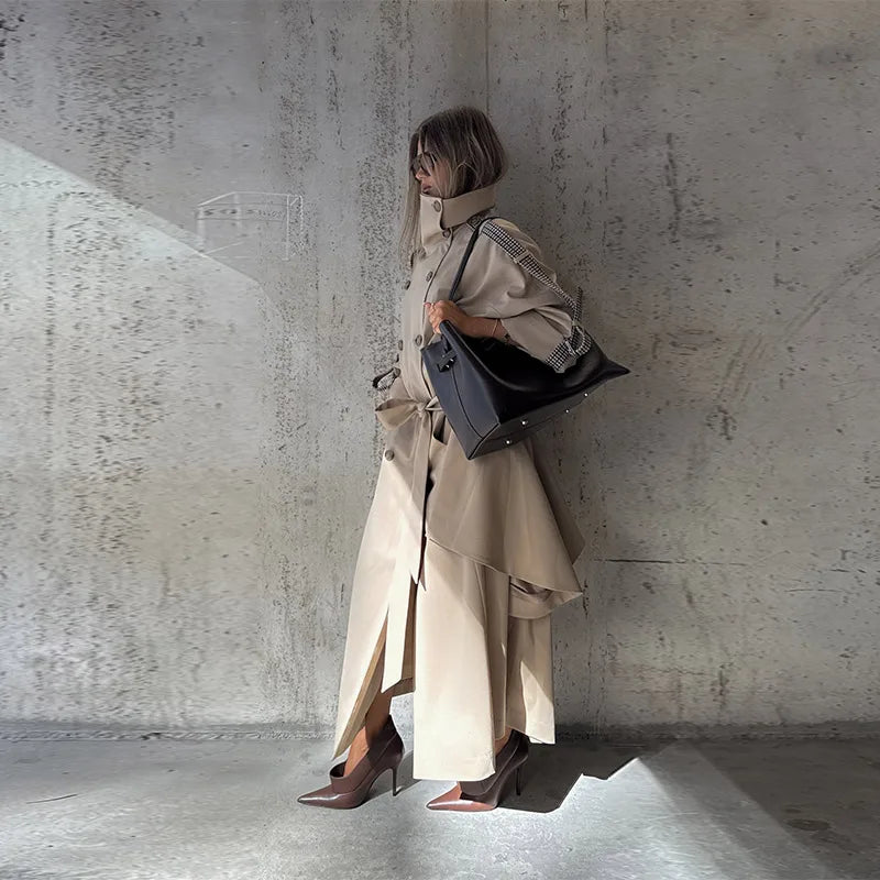 Women's Trench Coat Double Breasted Stand Collar Epaulet Lace Up Long Windbreaker Office Lady Winter Autumn Solid Slim Outerwear