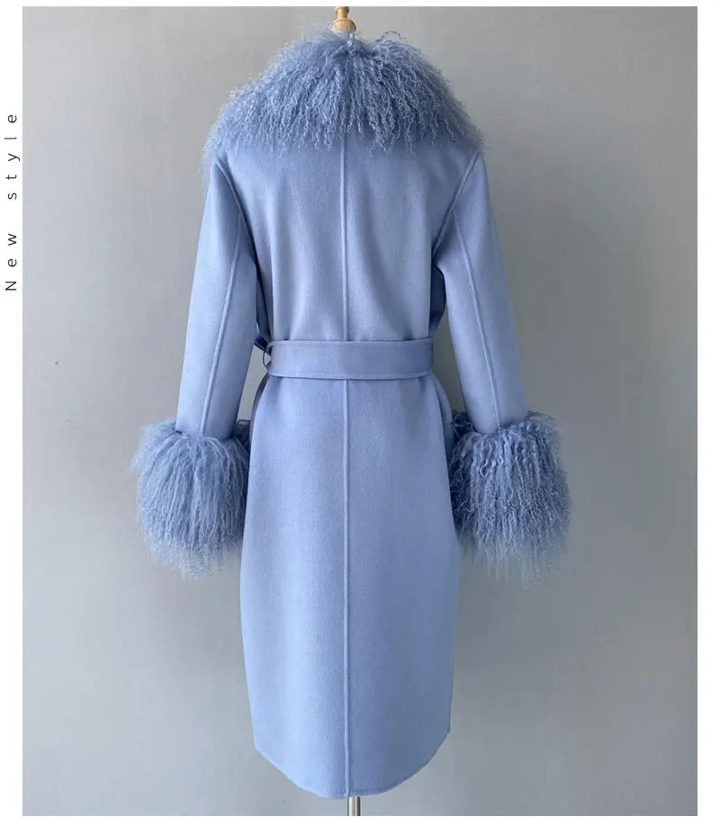 Women Cashmere Wool Coat With Real Mongolian Sheep Fur Collar  Ladies Autumn Winter Fashion Long Outwear Full Sleeve Fur Jacket