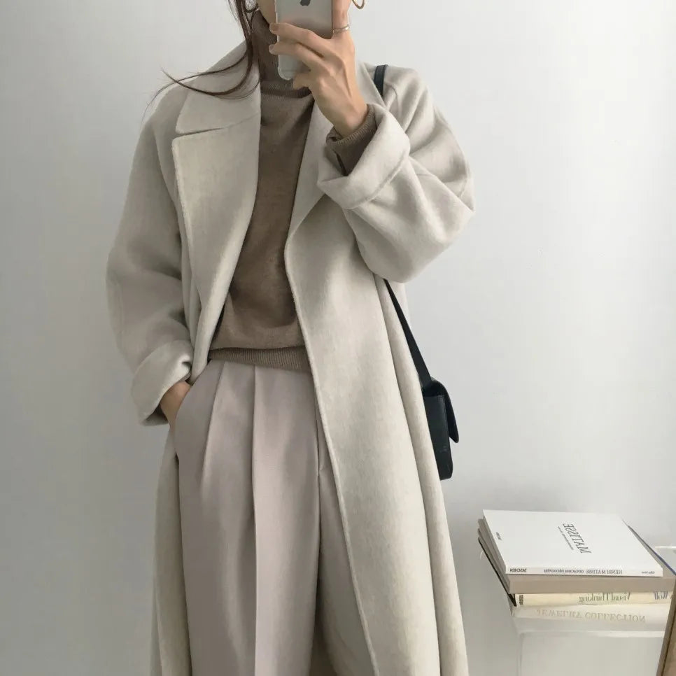 Elegant Woolen Coat Women's 2025 Autumn Winter Mid Length Adjustable Waist Thick Casual Long Sleeve Fashion Wool Coats Female