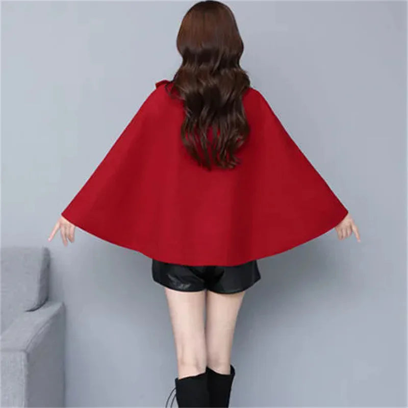 Fashion Woolen Shawl Coat For Women 2025 Autumn Winter New Woolen Jacket Short Outerwear Cape Red Black Coat Tops Female