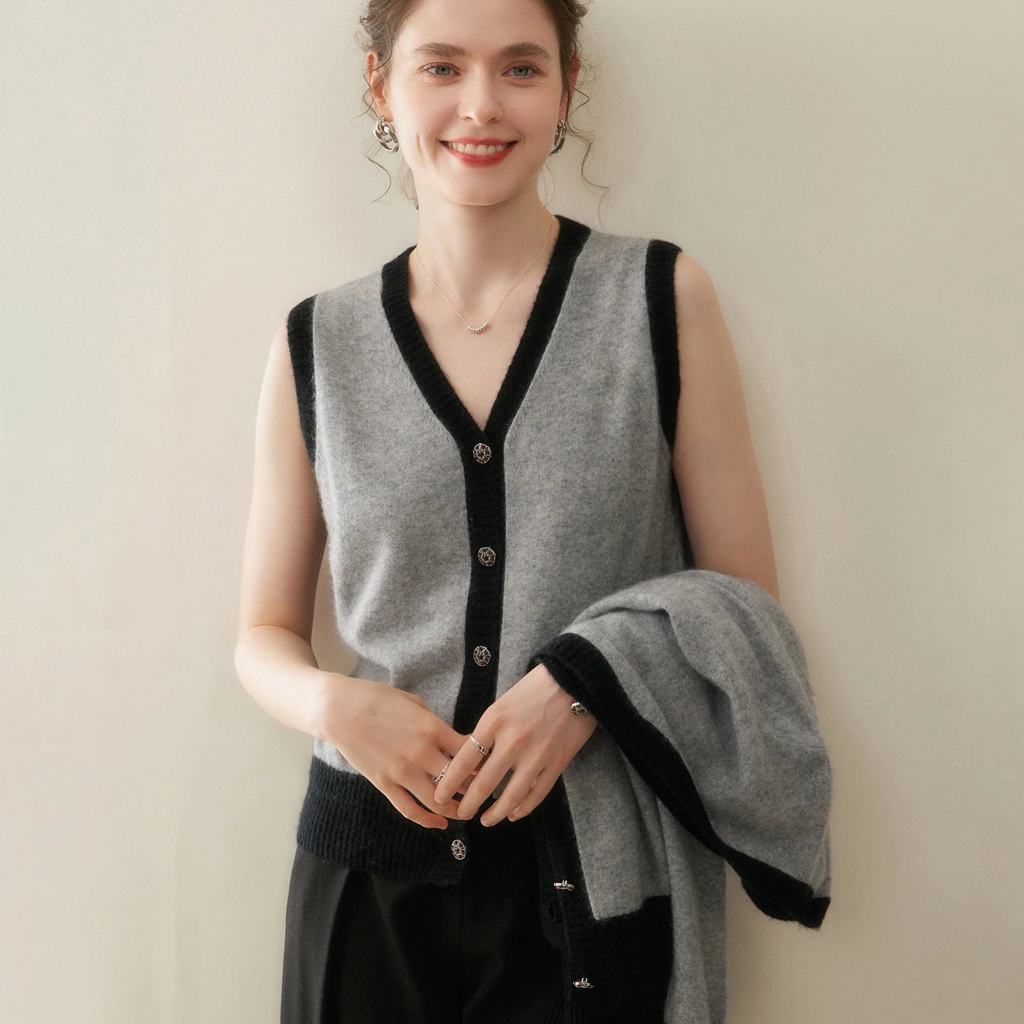 Women Cashmere Sweater V-neck  Cardigan and Vest Set Spring Autumn Winter 100% Cashmere Knitwear Long Sleeve Top Waistcoat Suit