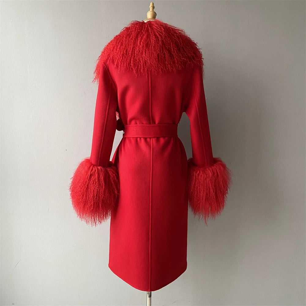 Women Cashmere Wool Coat With Real Mongolian Sheep Fur Collar  Ladies Autumn Winter Fashion Long Outwear Full Sleeve Fur Jacket