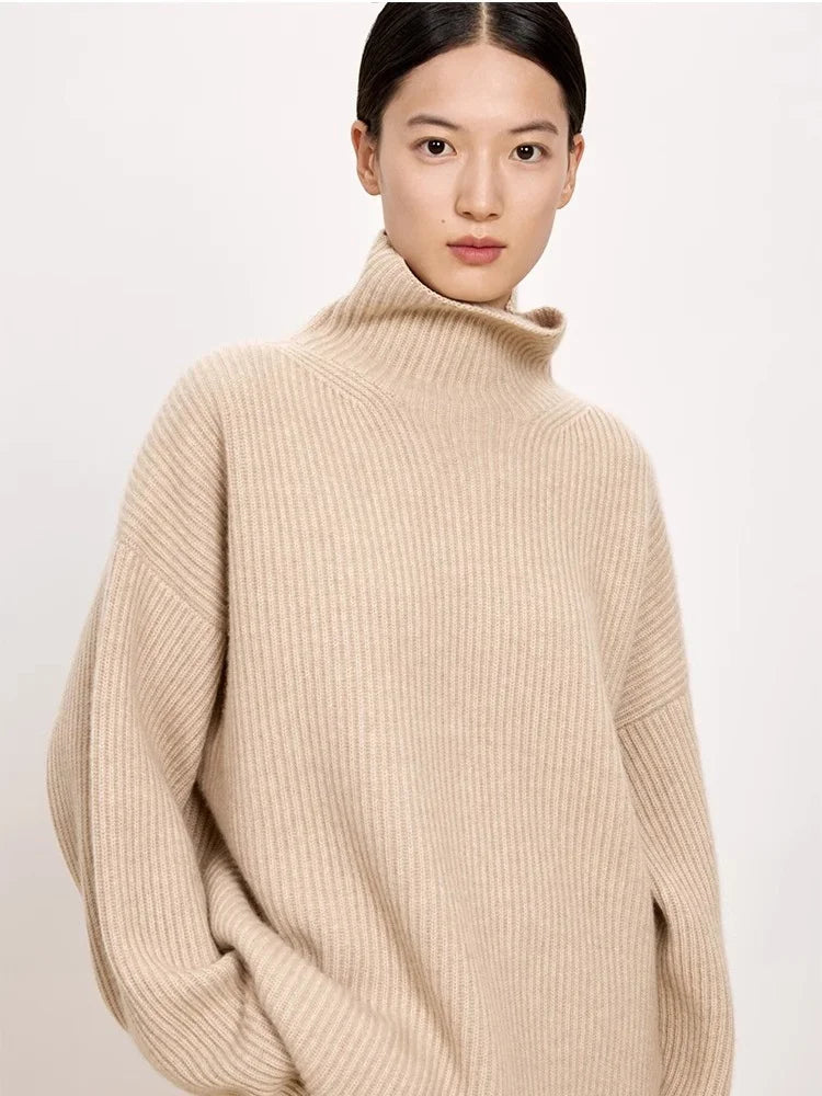 Women's High-Necked Cashmere Sweater Loose Padded Bottoming Pullover Autumn Winter Warm Lazy Wind Style 100% Pure Wool