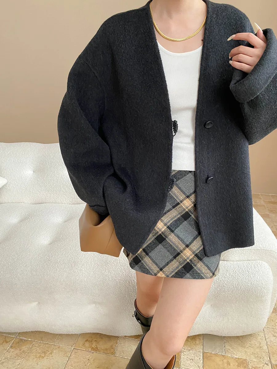 Winter women's casual solid color V-neck double-sided woolen coat jacket