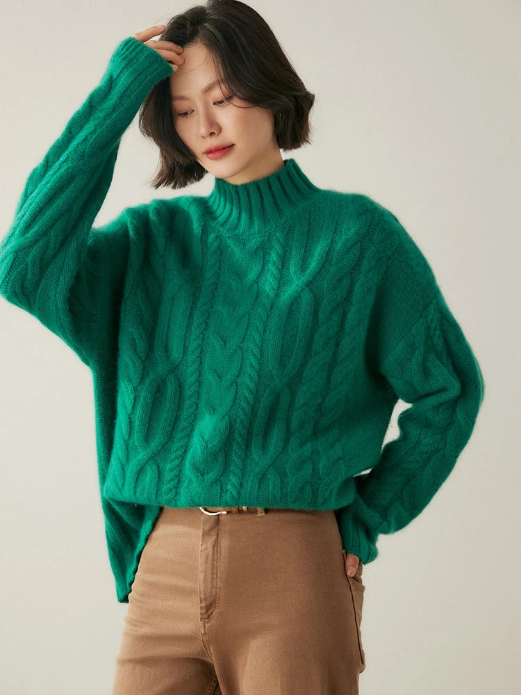 Women 100% Cashmere Sweater Mock Neck Pullover Cable Knitting Vintage Loose Style Thickened Cashmere Knitwear Autumn Winter Tops