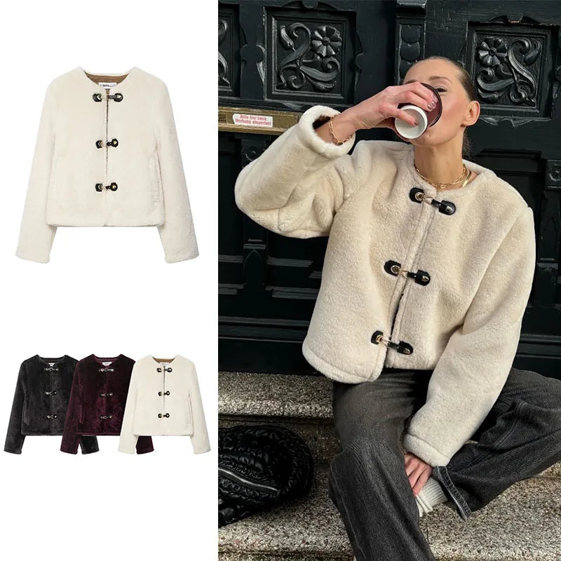 Women Fashion Winter Fur Coat Solid Beige Long Sleeves Horn Buckle Loose Jackets Female Casual Vintage High Street Outerwear Top