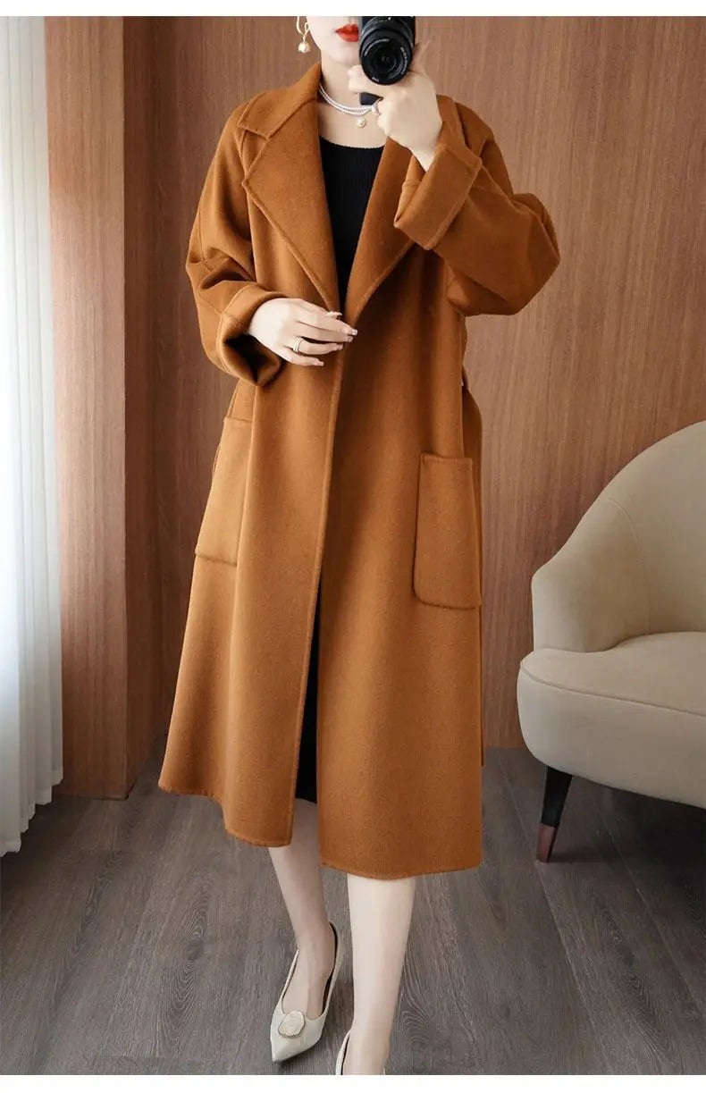 2024 Women's Wear 100% Wool Coat Autumn/Winter Fashion Temperament Double sided Cashmere Coats with Belt Elegant Long Overcoat