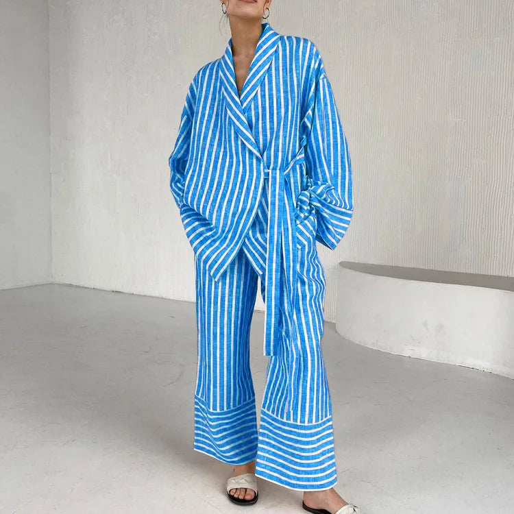 Women's Clothing 2025 Autumn New Striped Long-sleeved Loose Lace Top High Waist Trousers Fashionable Casual Suit