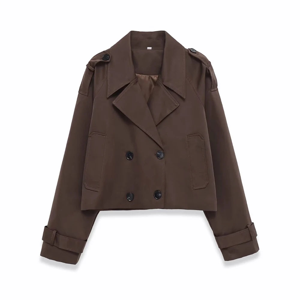 Women's Double-breasted Short Trench Coat Fashion Chic Outerwear with Pockets Long Sleeve Female Top