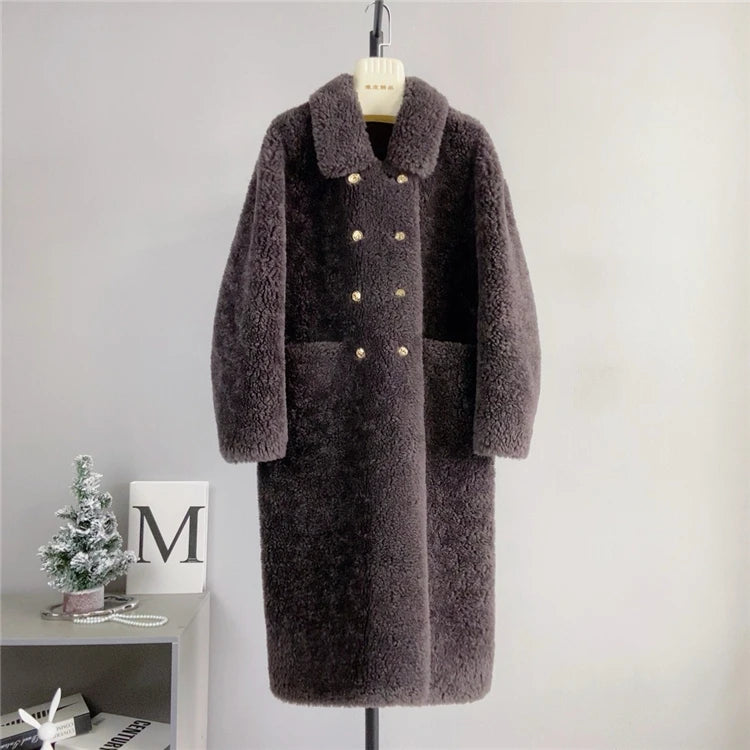 100% Wool Coat Women New Warm Sheep Shearing Long Solid Color Long Coat Lamb Wool casacos femininos inverno 2025
