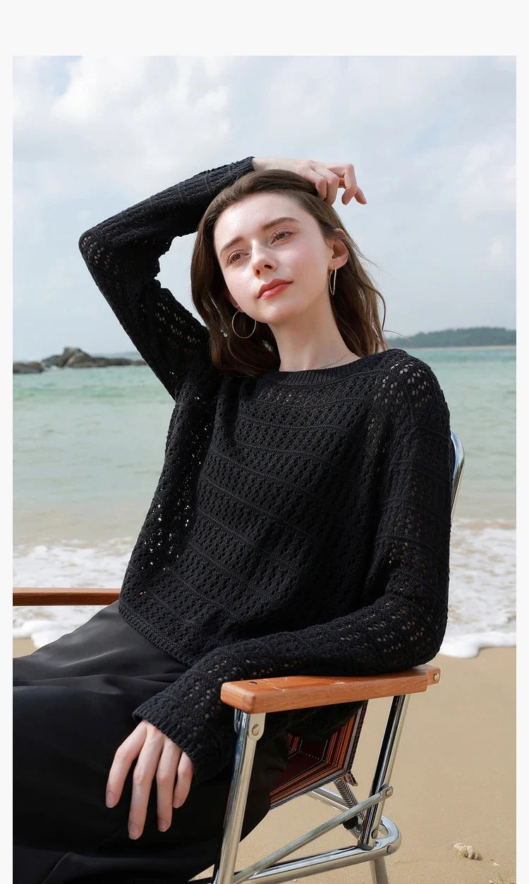 ITOOLIN Summer Women Long Sleeve Loose Casual Top Hollow Out Sexy Knit Shirt Beach Solid Y2k Pullovers Streetwear T-shirt 2024