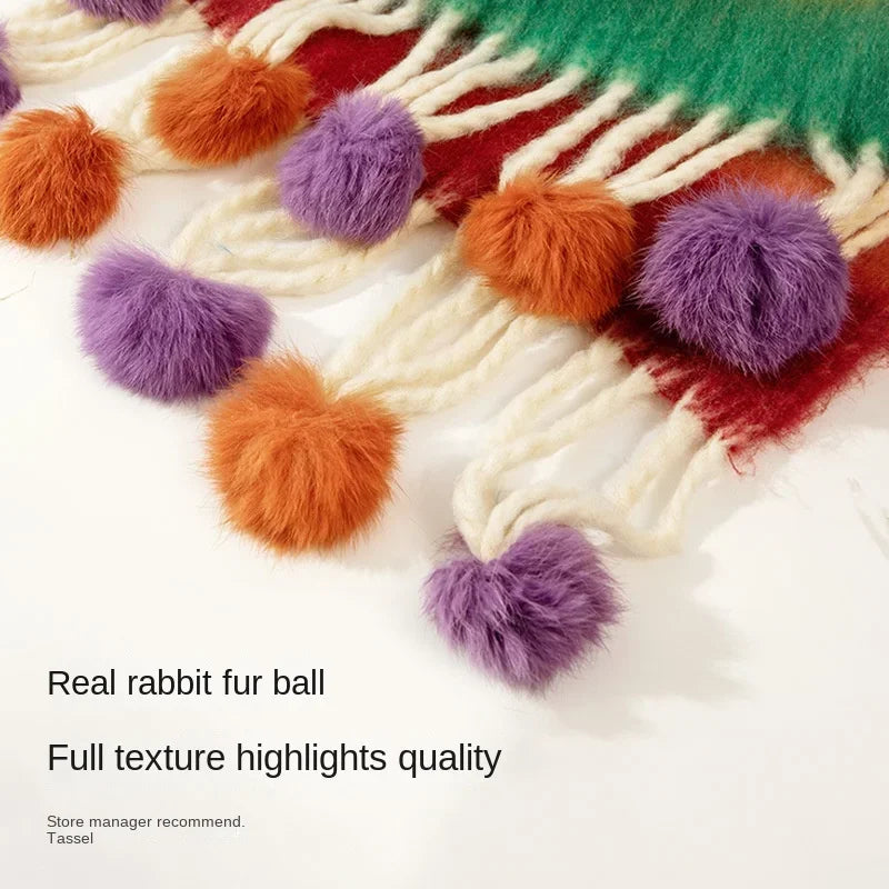 Women Winter Scarf Imitation Cashmere Colorful Knitted Scarves with Rabbit Fur Ball Tassels Warm Stripe Patchwork Colors Shawls