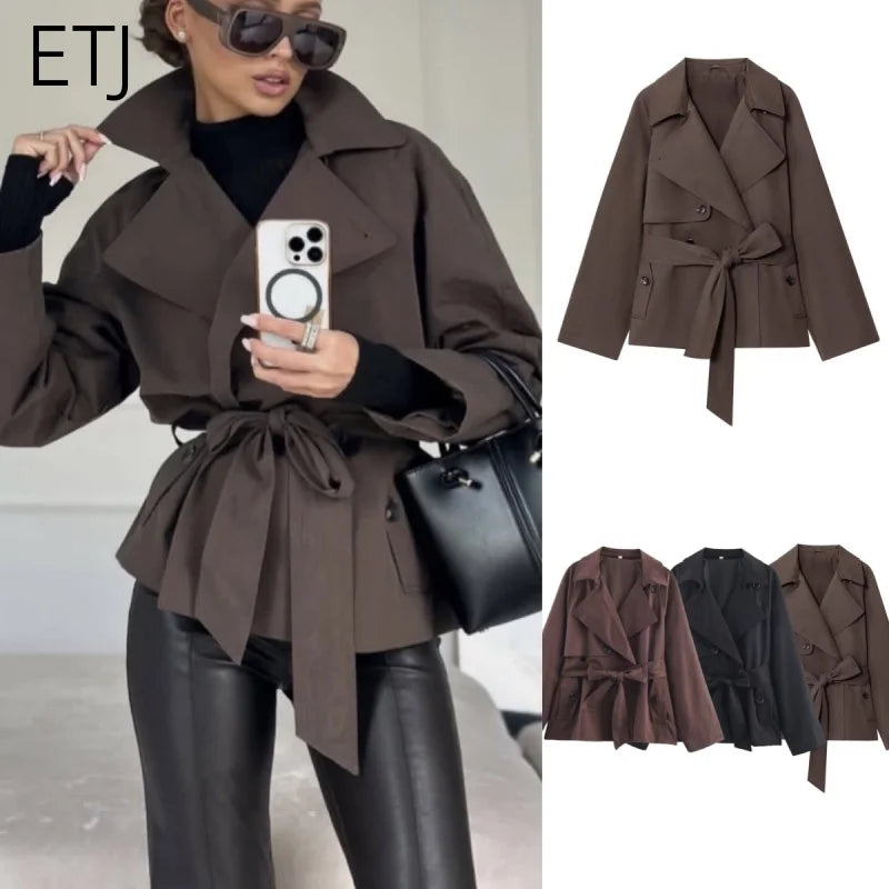 ETJ Autumn 2025 new collection  women's British style lapel double-breasted Maillard color belt casual trench coat