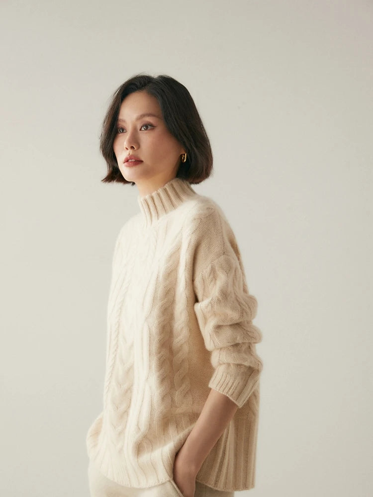 Women 100% Cashmere Sweater Mock Neck Pullover Cable Knitting Vintage Loose Style Thickened Cashmere Knitwear Autumn Winter Tops