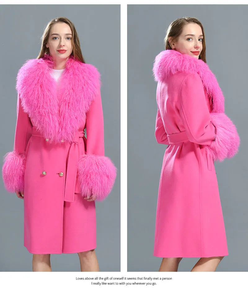 Women Cashmere Wool Coat With Real Mongolian Sheep Fur Collar  Ladies Autumn Winter Fashion Long Outwear Full Sleeve Fur Jacket