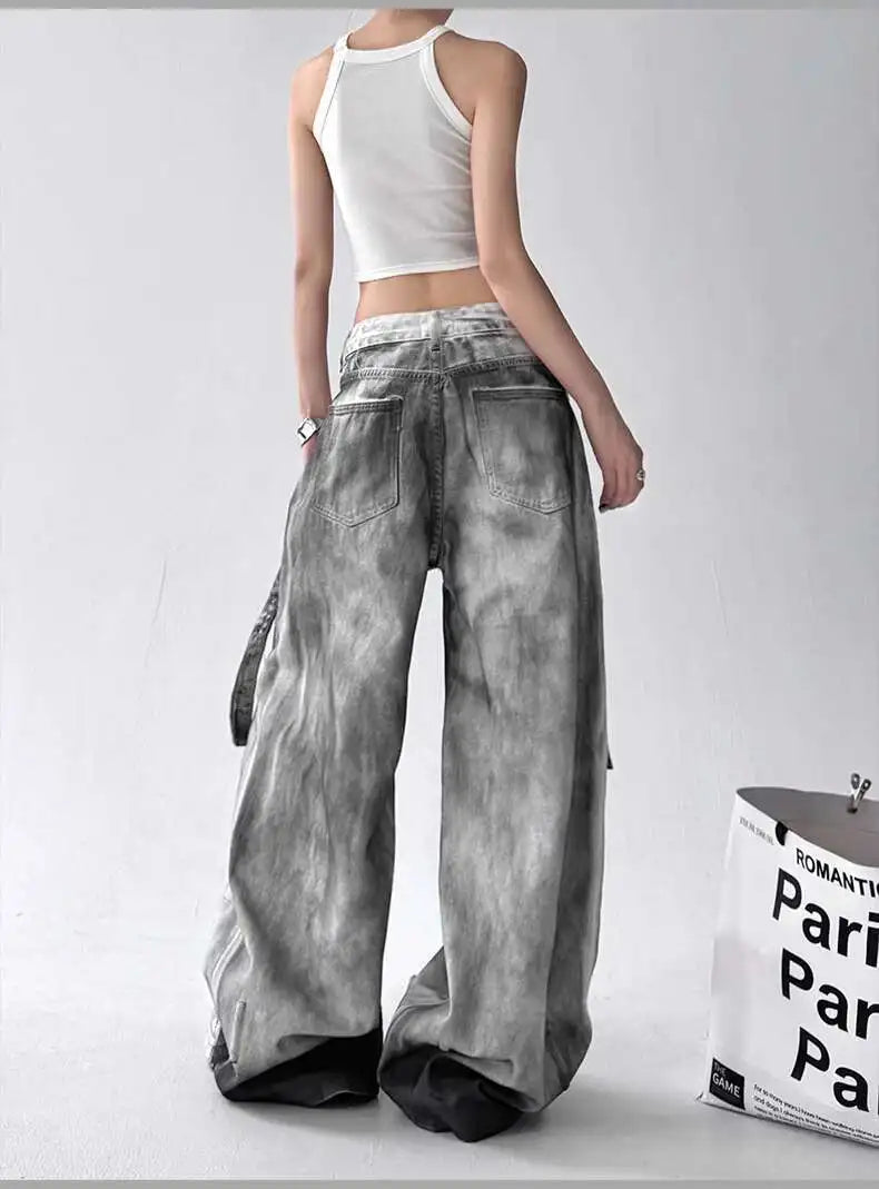Women Jeans Pants American High Street Ripped Straight Wide-Leg Jeans For Women Design Tie-Dye Jazz Dance Cargo Full Thin Jeans
